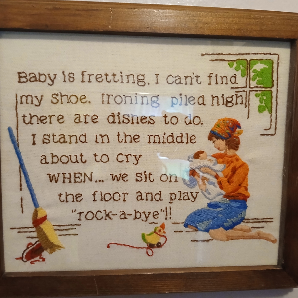 Vintage Embroidered Mother And Child Rock A Bye Completed And Framed 1970s